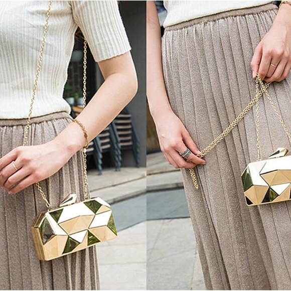 Women Metal Clutch Purse Small Evening Bag Geometric Gold with Chain - Picture 6 of 8